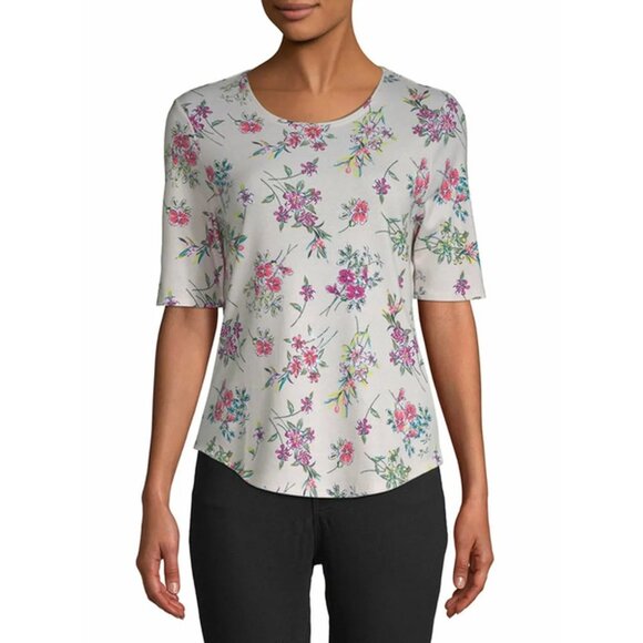 Time and Tru Tops - Time And Tru Women's All Cotton Elbow Sleeve Scoop Neck Floral Pullover Tee